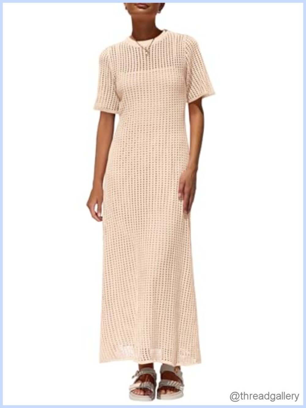 Eyelet Crochet Maxi 2 Piece Dress Set Short Sleeve Beach Vacation Outfit